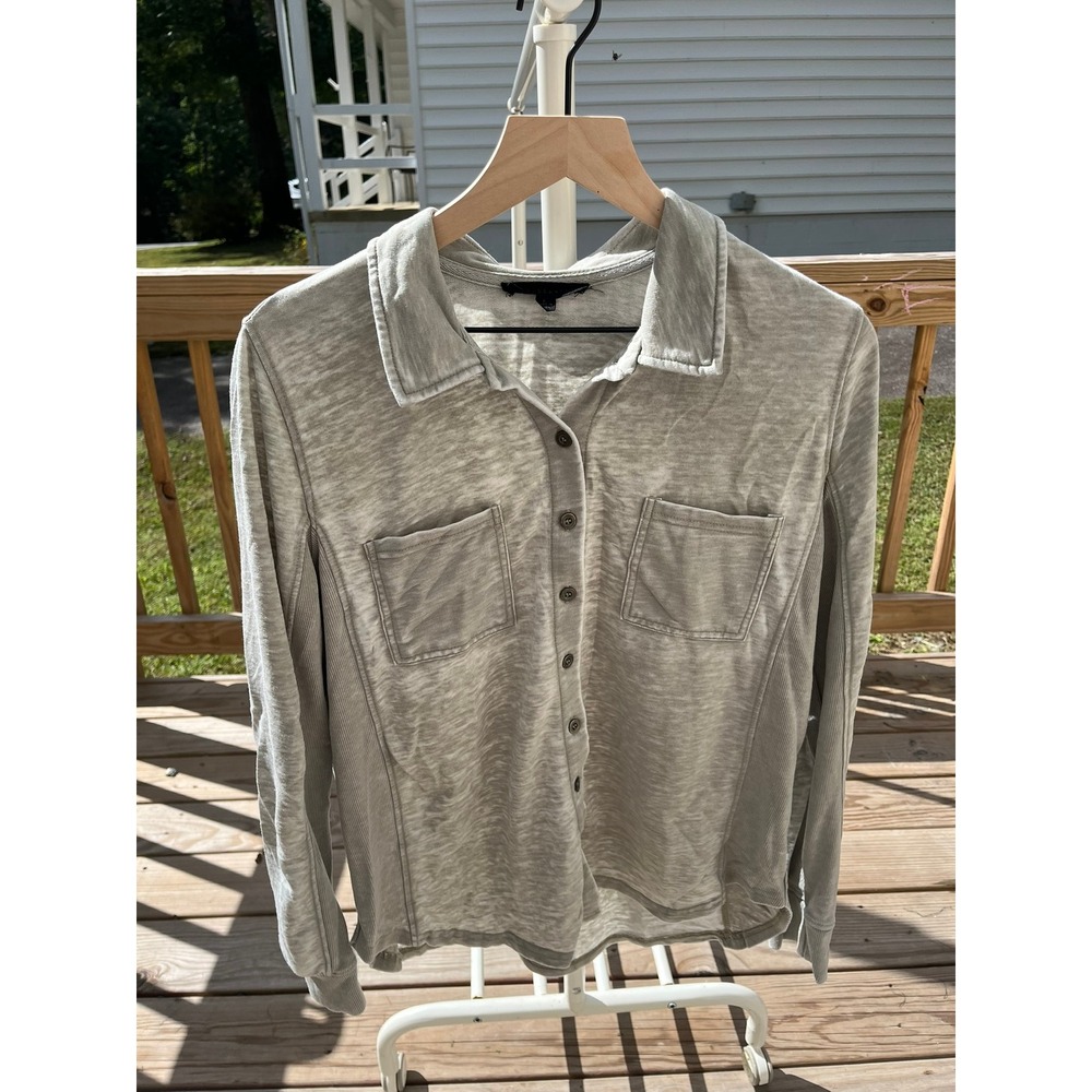 Sanctuary Womens Large Grey Heathered Knit Button Down Long Sleeve Shirt Pocket
